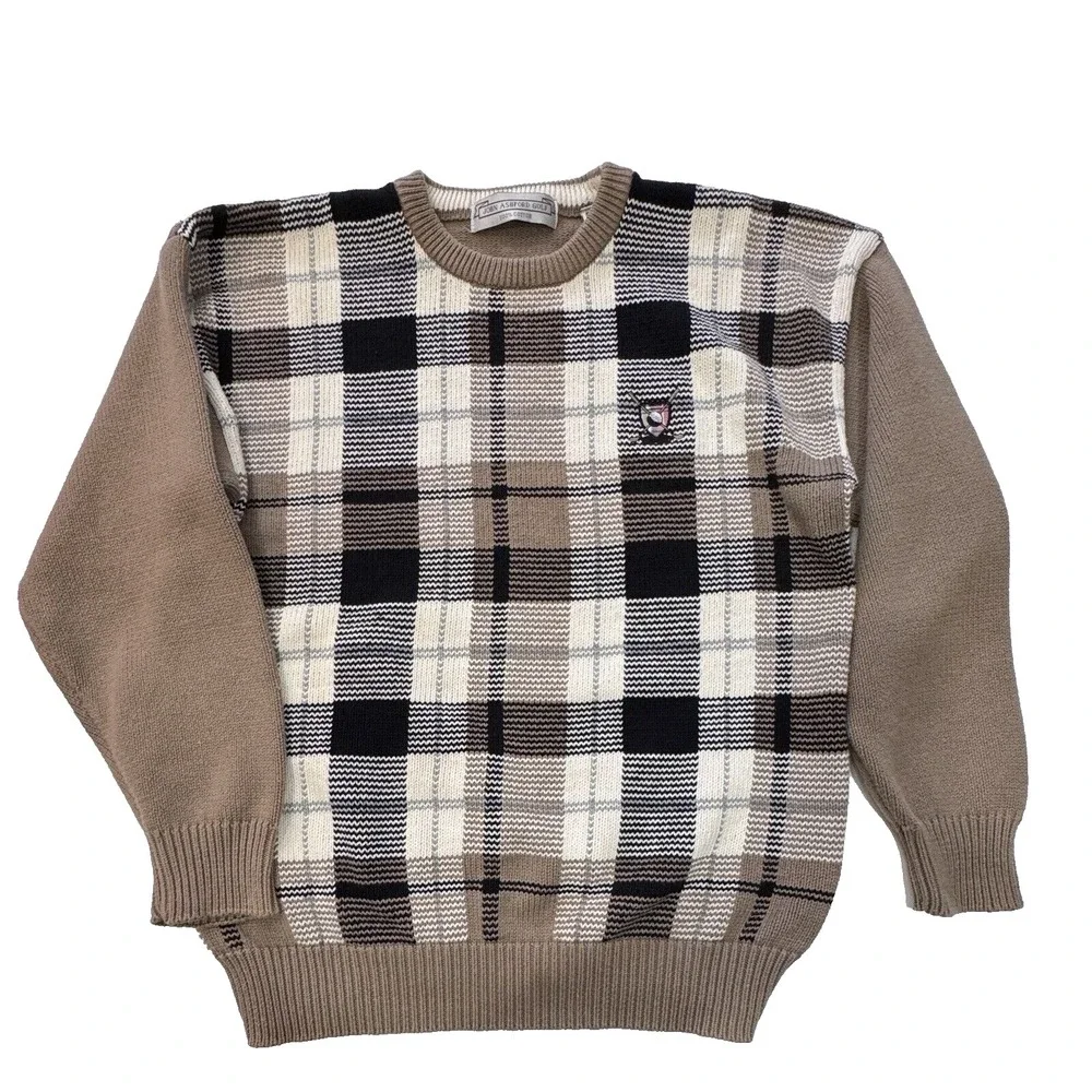 JOHN ASHFORD GOLF Men's Crew Neck Sweater Medium‎ Plaid Tan Preppy Golfer